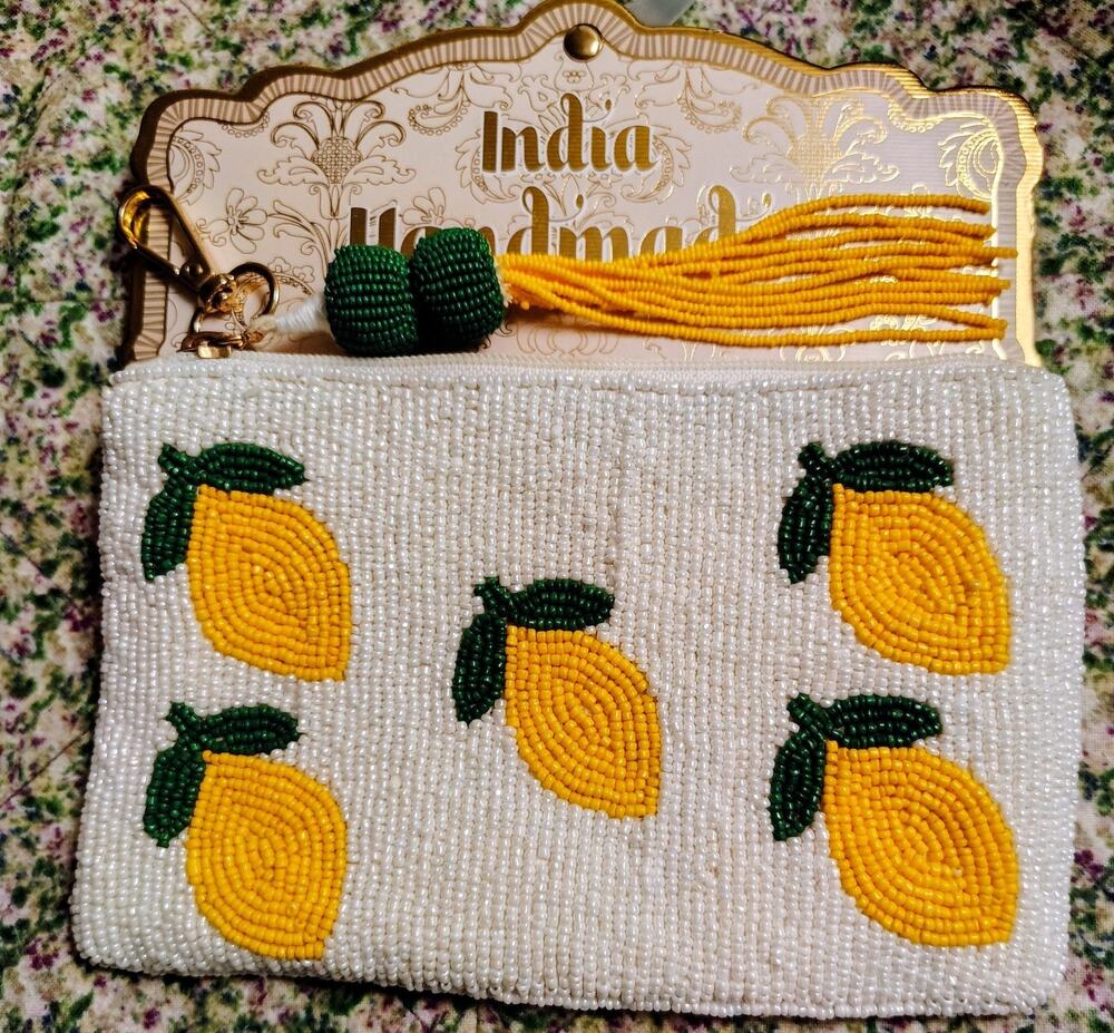 NWT India Handmade Beaded Clutch Makeup Bag Tassel, Lemons